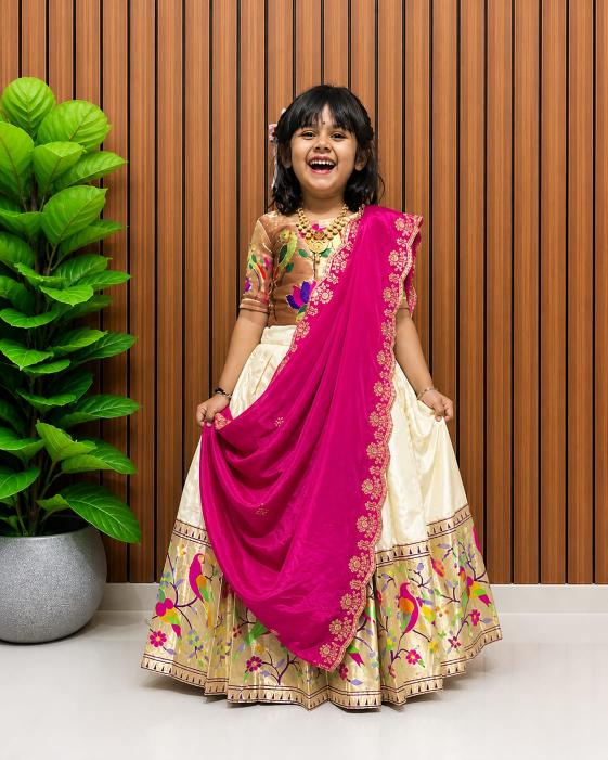 kids pure heavy paithani silk Cream Wholesale lehenga choli for kids